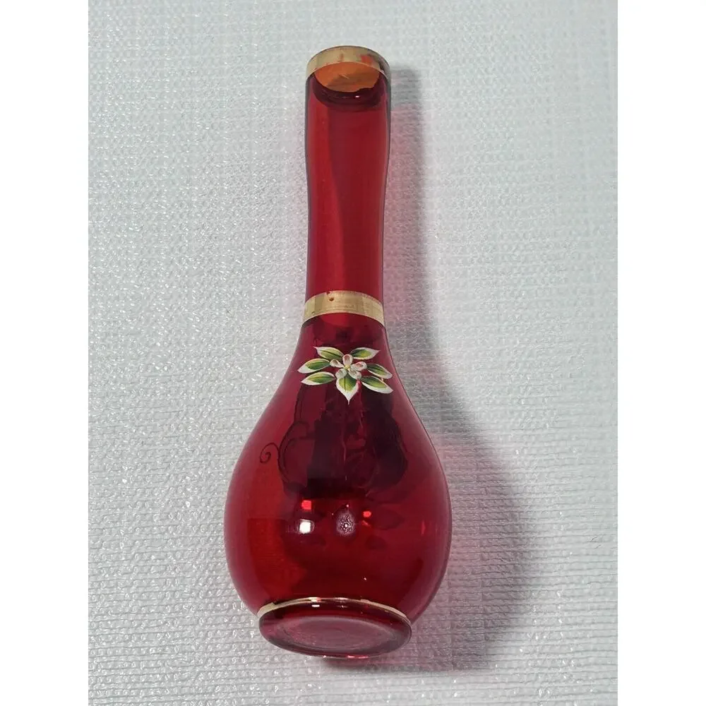 Vintage‎ Japan Emerald Red Bud Vase 8”Gold Gilding Hand Painted Flowers Moriage